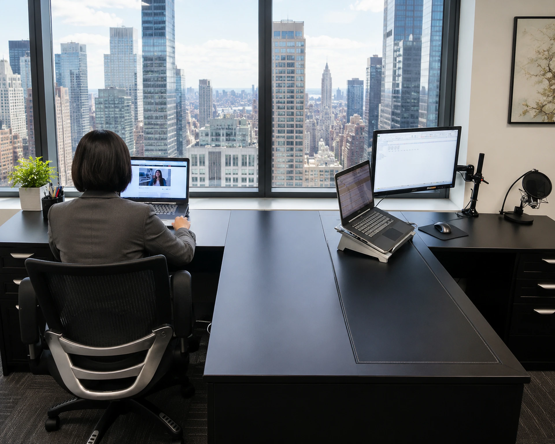 A woman working at a desk in a high-rise office with a view over the city