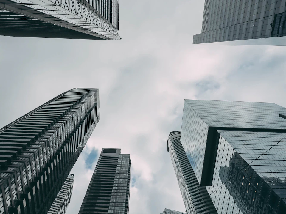 Office towers seen from street level