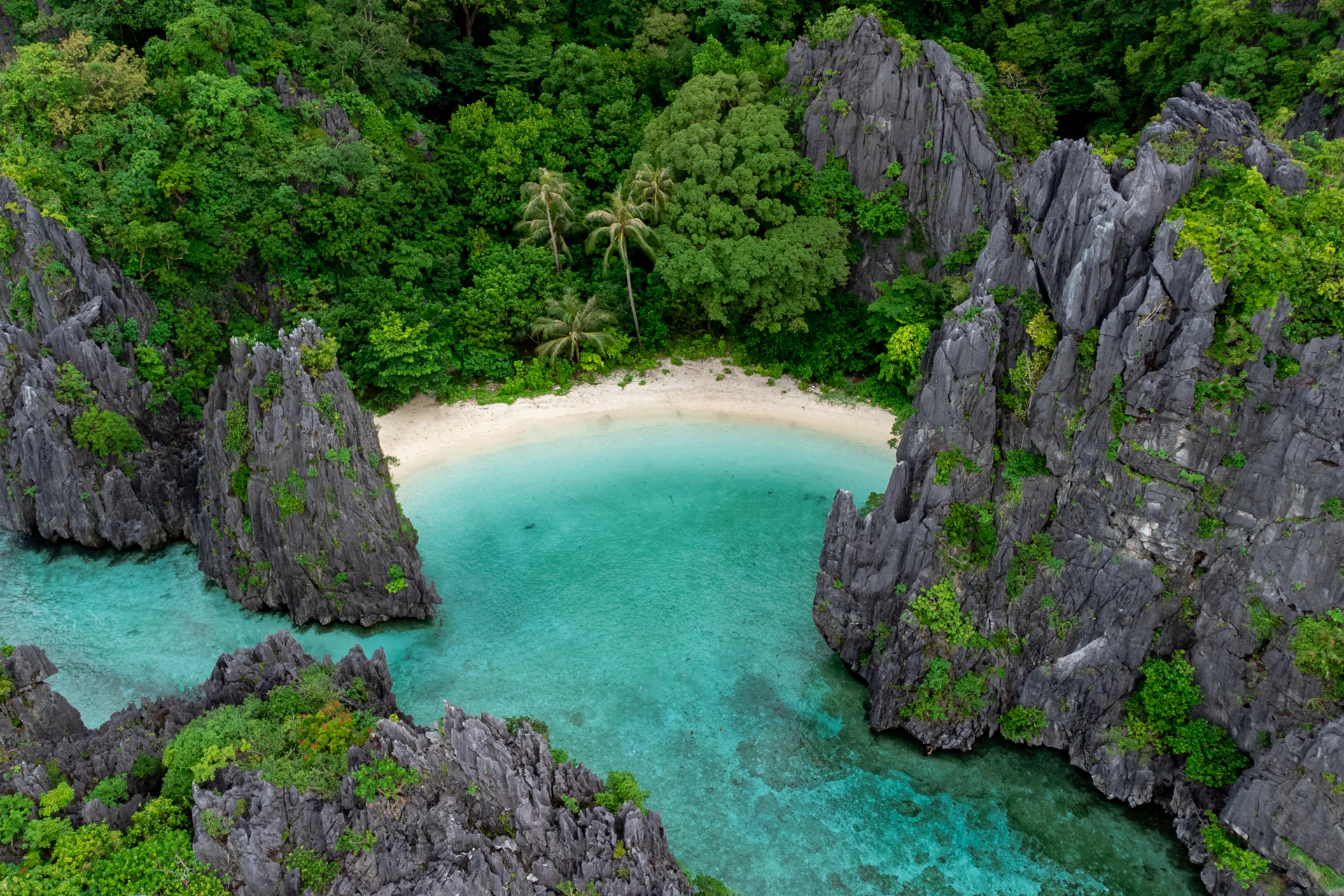 Una spiaggia nascosta circondata da scogliere calcaree vicino a El Nido, Palawan