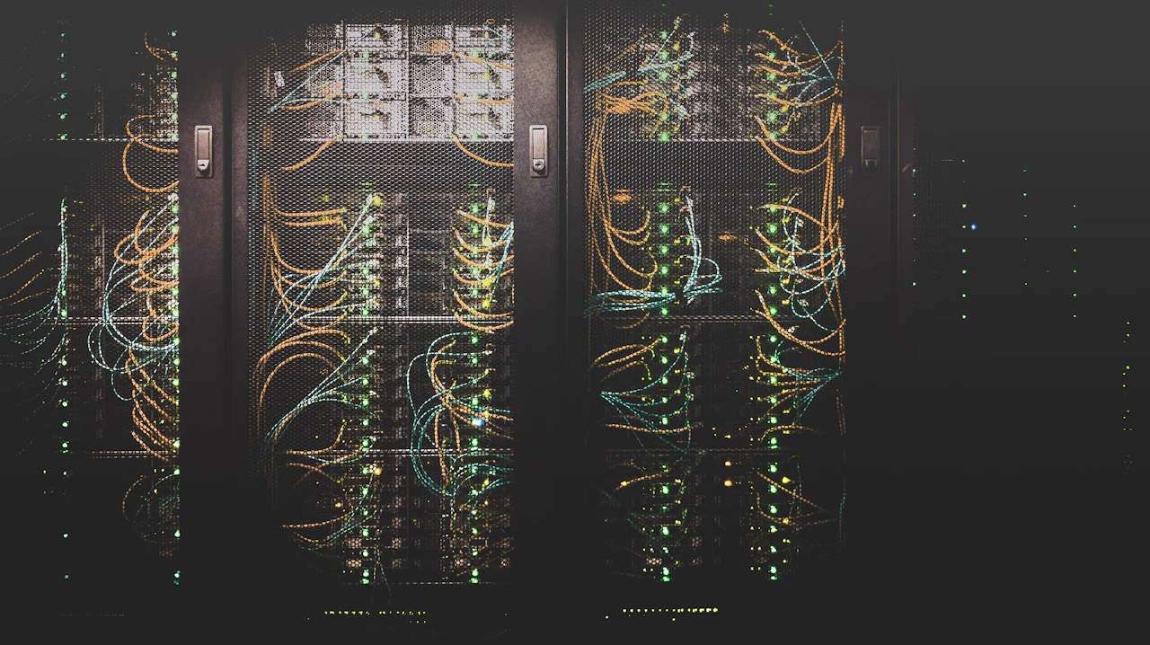 Network cables and lights in a server rack